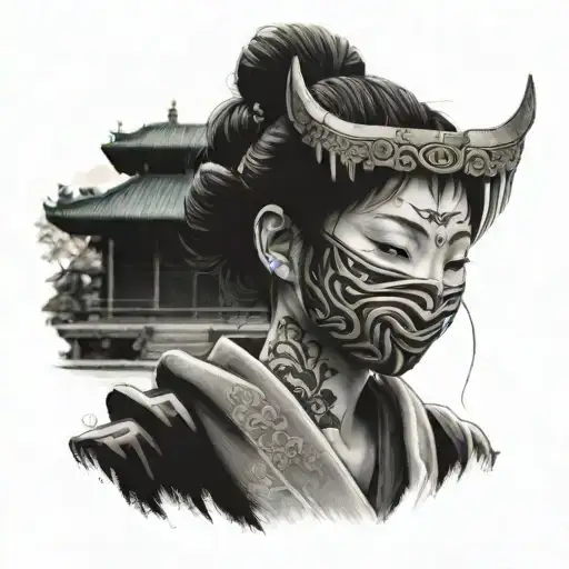 Japanese Girl With A Mask With A Temple In The Background