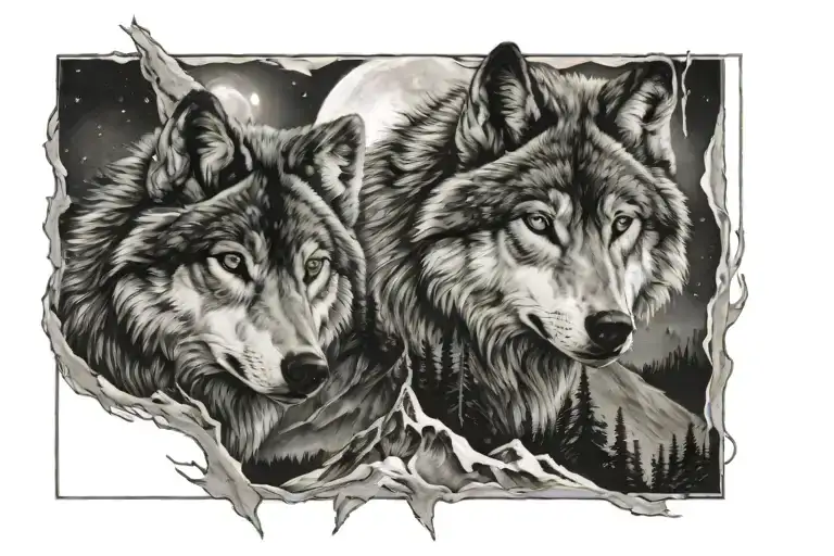 Wolf And Mountain And Night Moon