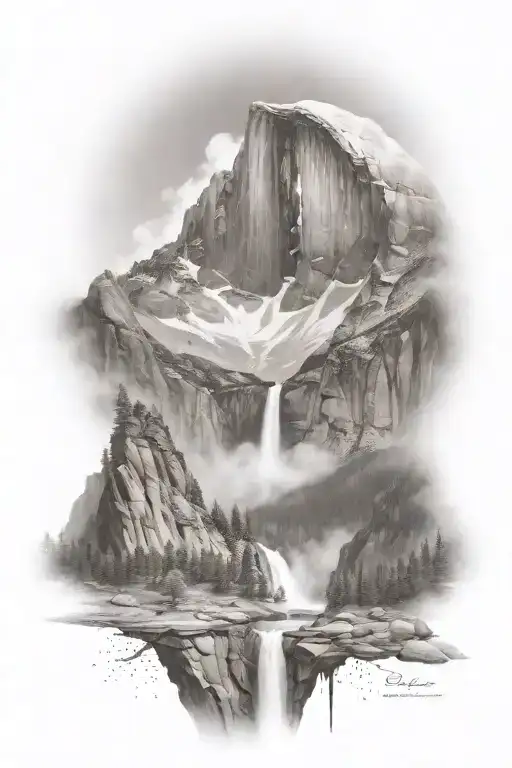 Half Dome Below Mt Whitney With Waterfall And A Trail Leading Up The Middle