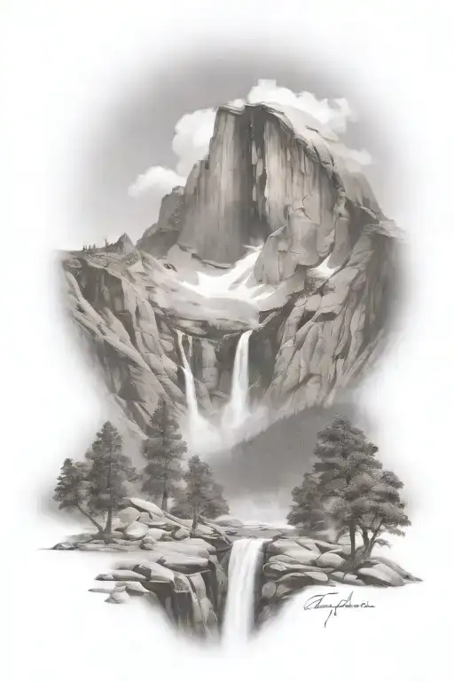 Half Dome Below Mt Whitney With Waterfall And A Trail Leading Up The Middle