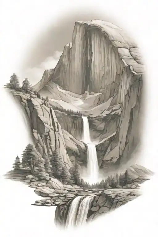 Half Dome Below Mt Whitney With Waterfall And A Trail Leading Up The Middle