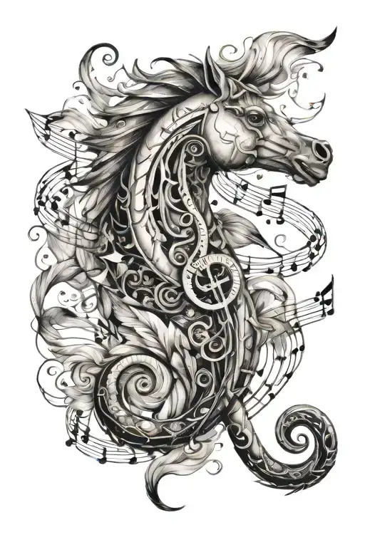 A New-school Design Featuring A Whimsical Musical Note Made Up Of Various Fish And Horse Elements