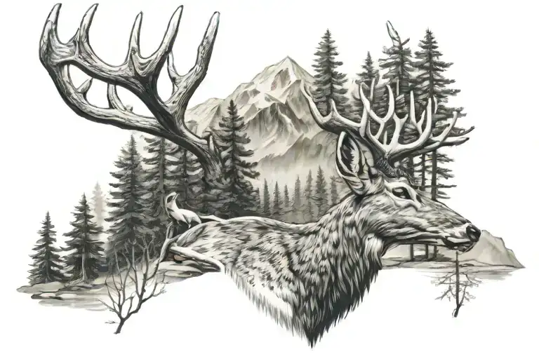 Mountains River Deer Head With Trees