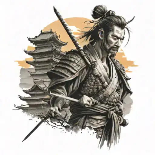 Samurai On Battlefield Without Mask At Sunset With Temple Behind Him With Flying Dragon