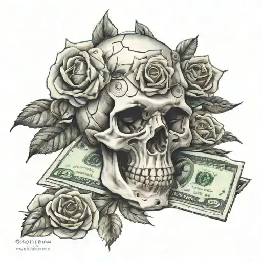 Money Rose With Words Skull On Top And Filigrifee For The Back Ground