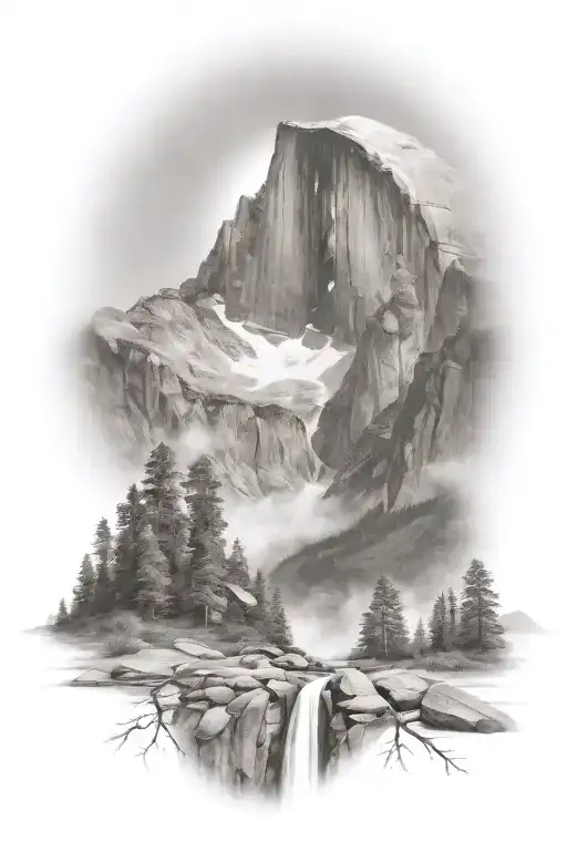 Half Dome Below Mt Whitney With Waterfall And A Trail Leading Up The Middle