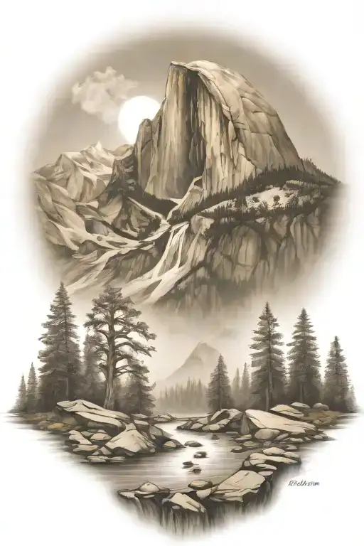 John Muir Trail Theme With Half Dome And Waterfall And Hiking Trail
