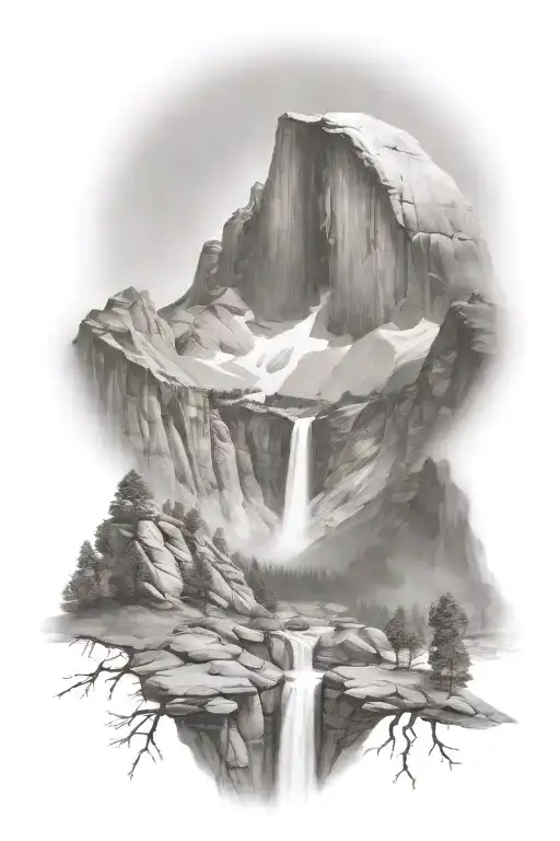 Half Dome Below Mt Whitney With Waterfall And A Trail Leading Up The Middle