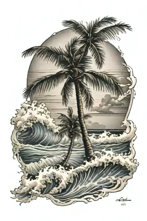 Palm Tree And Waves Crashing In The Background