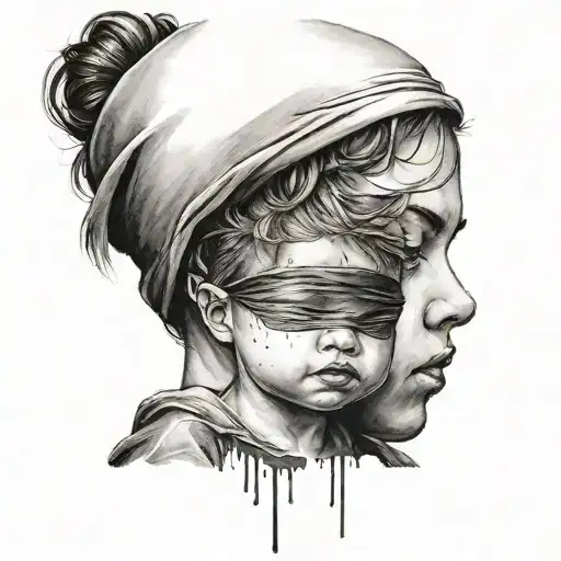 Children With Blindfold With Tear Drop Under The Blindfold Represent Of Broken Family