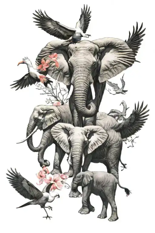 Elephant Family With Hawk And Flamingo Flying Overhead