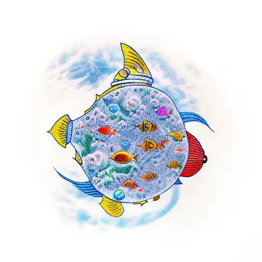 A Realistic Astronaut Floating Above A Vibrant Aquarium Filled With Colorful Fish