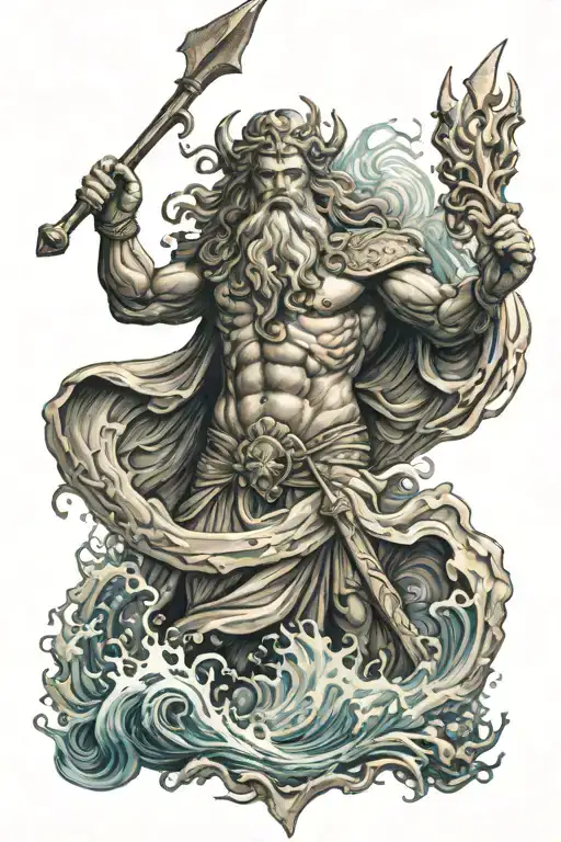 Poseidon God Holding Trident Surrounded By The Ocean