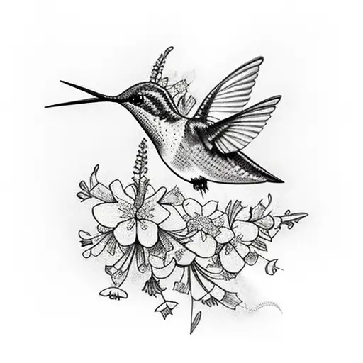 A Hummingbird Surrounded By Larkspur Flowers And Hawthorn Branches