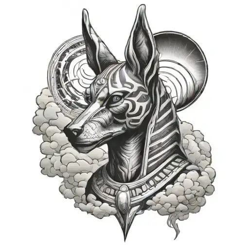 Anubis With Dark Background With Clouds And Wind Lines