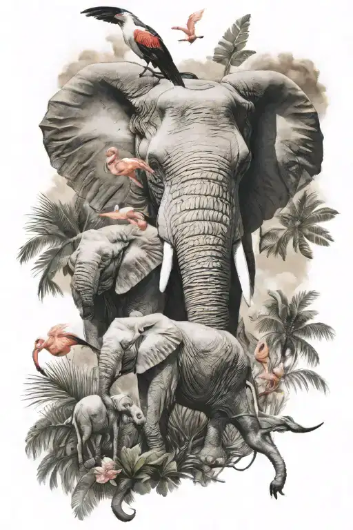 Elephant Parents And Child With A Hawk And A Flamingo Flying Above Them