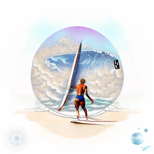 A Mystical Moonlit Beach With Palm Trees And A Surfer Catching A Wave In A Psichodelic State