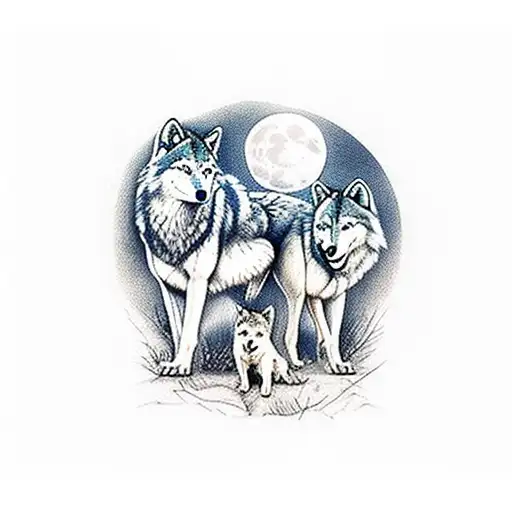 Wolf Family With Three Wolves Forrest Background Full Moon Over Them