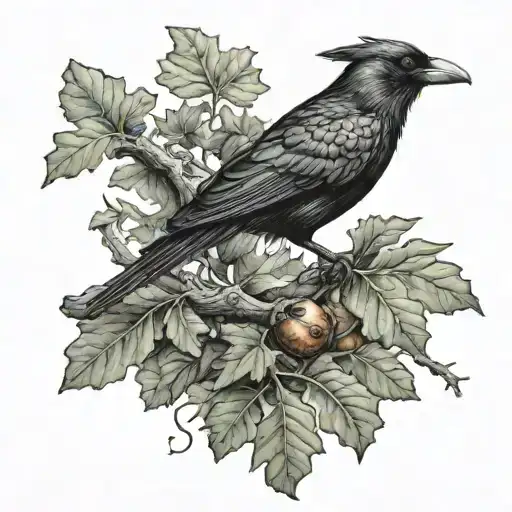 An Oak Tree Branch With Leaves And Acorns Intertwined With A Black Crow Perched On Top