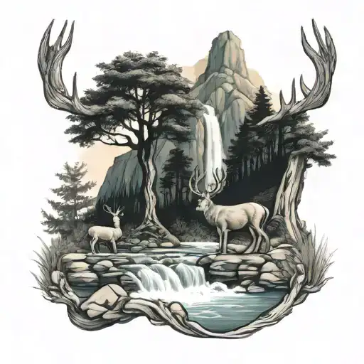 A Waterfall With A River And A Buck