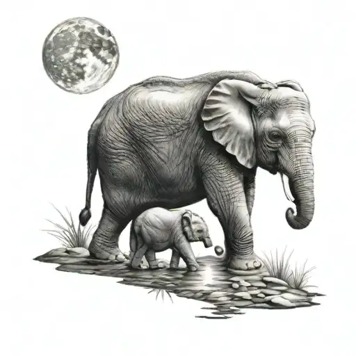 Baby Elephant And Baby Tortoise Sharing Full Moon With Light Rain