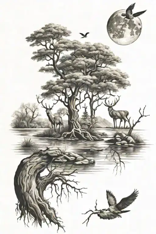 Tree Moon Birds Deer River Flowing