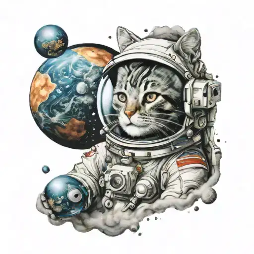Astronaut Cat Head In Space With Planets