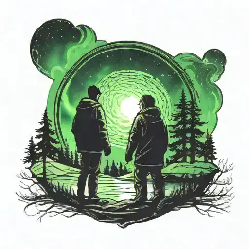 Silhouetted Backview Of Father And Daughter And The Northern Lights In A Circle