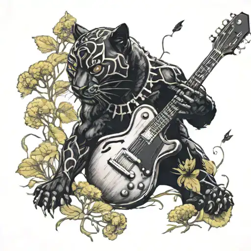 Surrounded By Dandelions There Is A Black Panther Animal Playing A Guitar With A Football Helmet
