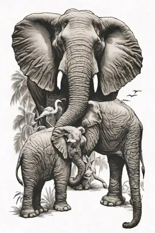 Elephant Father And Child With A Flamingo And A Hawk Flying Overhead