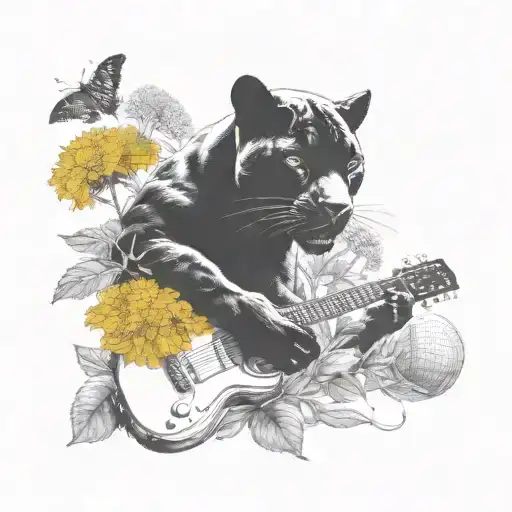 Surrounded By Dandelions There Is A Black Panther Animal Playing A Guitar With A Football Helmet