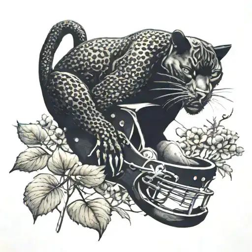 Surrounded By Dandelions There Is A Black Panther Animal Playing A Guitar With A Football Helmet