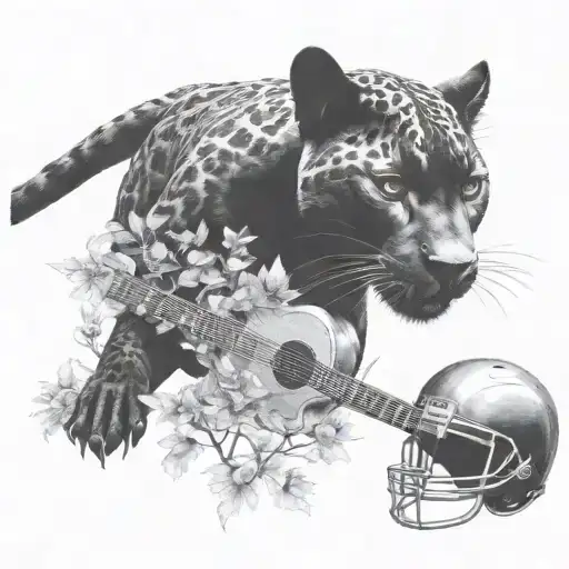 Surrounded By Dandelions There Is A Black Panther Animal Playing A Guitar With A Football Helmet