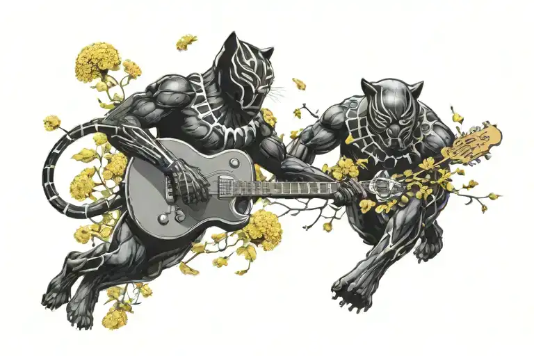 Surrounded By Dandelions There Is A Black Panther Animal Playing A Guitar With A Football Helmet