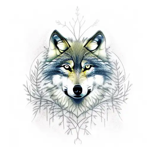 Wolf In Forest With Tree