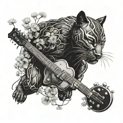 Surrounded By Dandelions There Is A Black Panther Animal Playing A Guitar With A Football Helmet