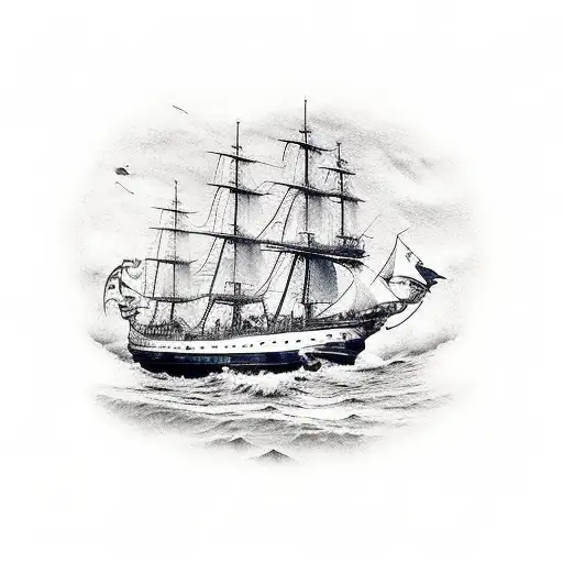 A Large Pirateship With A Skeleton Crew Sailing In Rough Waters