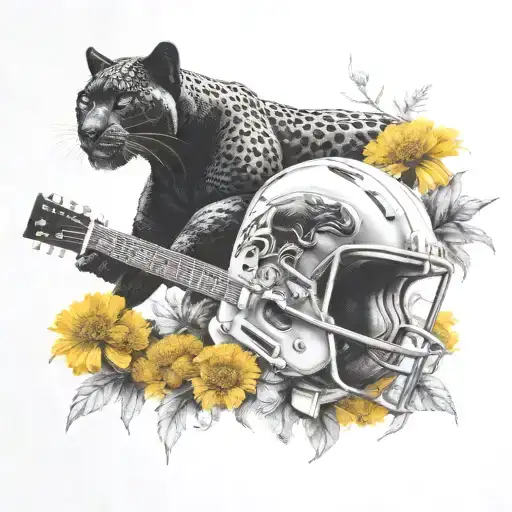 Surrounded By Dandelions There Is A Black Panther Animal Playing A Guitar With A Football Helmet