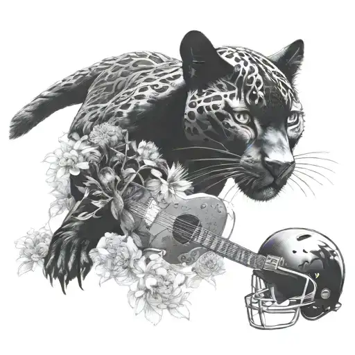 Surrounded By Dandelions There Is A Black Panther Animal Playing A Guitar With A Football Helmet