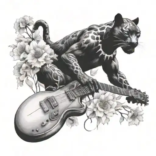 Surrounded By Dandelions There Is A Black Panther Animal Playing A Guitar With A Football Helmet