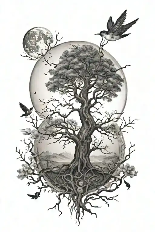 Tree Of Life Moon Bird Realism Tattoo Design