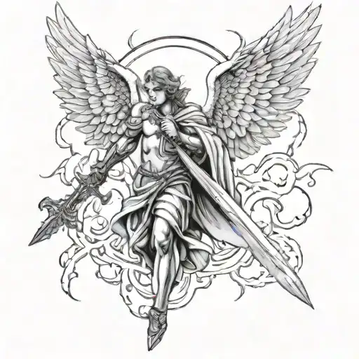 Angel With Open Wings With A Sword In The Middle With Lightning From Heaven