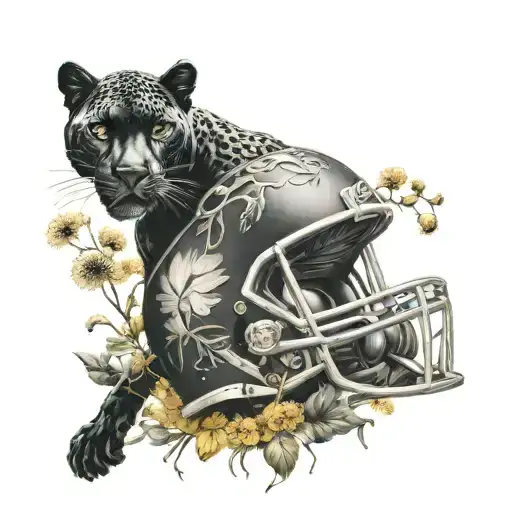 Surrounded By Dandelions There Is A Black Panther Animal Playing A Guitar With A Football Helmet