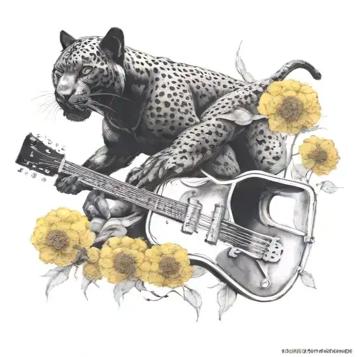 Surrounded By Dandelions There Is A Black Panther Animal Playing A Guitar With A Football Helmet