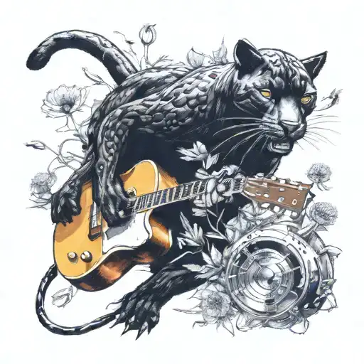 Surrounded By Dandelions There Is A Black Panther Animal Playing A Guitar With A Football Helmet