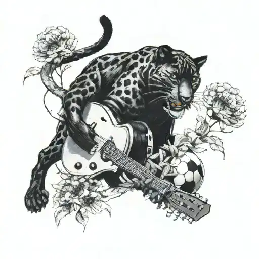 Surrounded By Dandelions There Is A Black Panther Animal Playing A Guitar With A Football Helmet