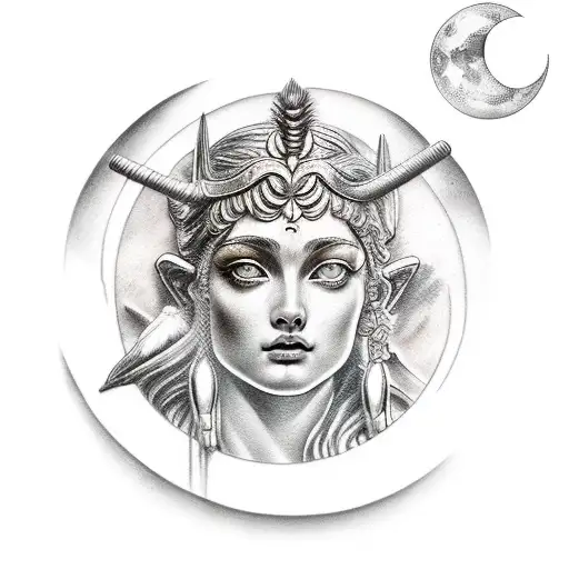 Artemis Goddess In Greek Sculpture Style And A Moon Somewhere