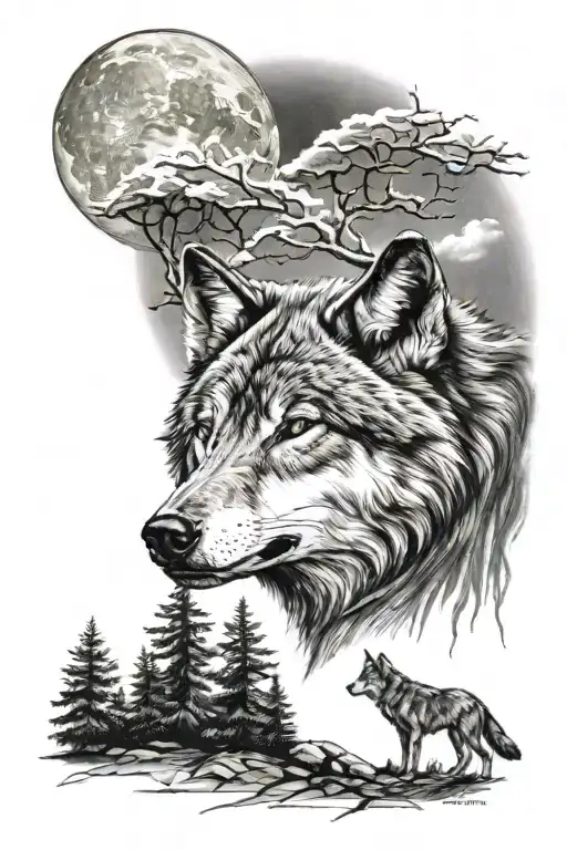 Wolf Howling Moon Wooded Landscape