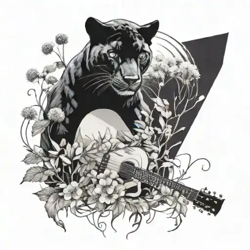 Surrounded By Dandelions There Is A Black Panther And A Wolf Playing Guitar