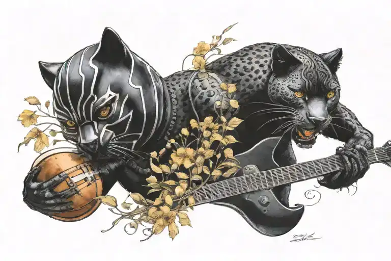 Surrounded By Dandelions There Is A Black Panther Animal Playing A Guitar With A Football Helmet
